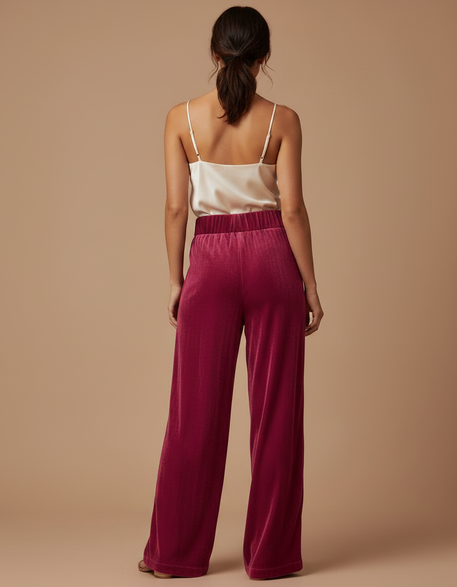 Pantalon Velours Large Fluide Élastique Rouge Femme - vue 2