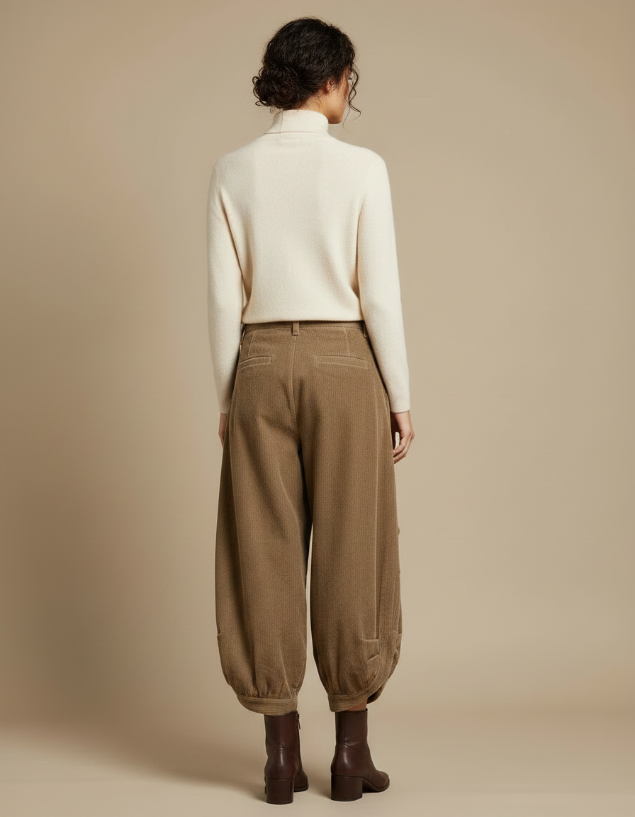 Pantalon Velours Côtelé Marron Ample Vintage Femme - Cordé - vue 2