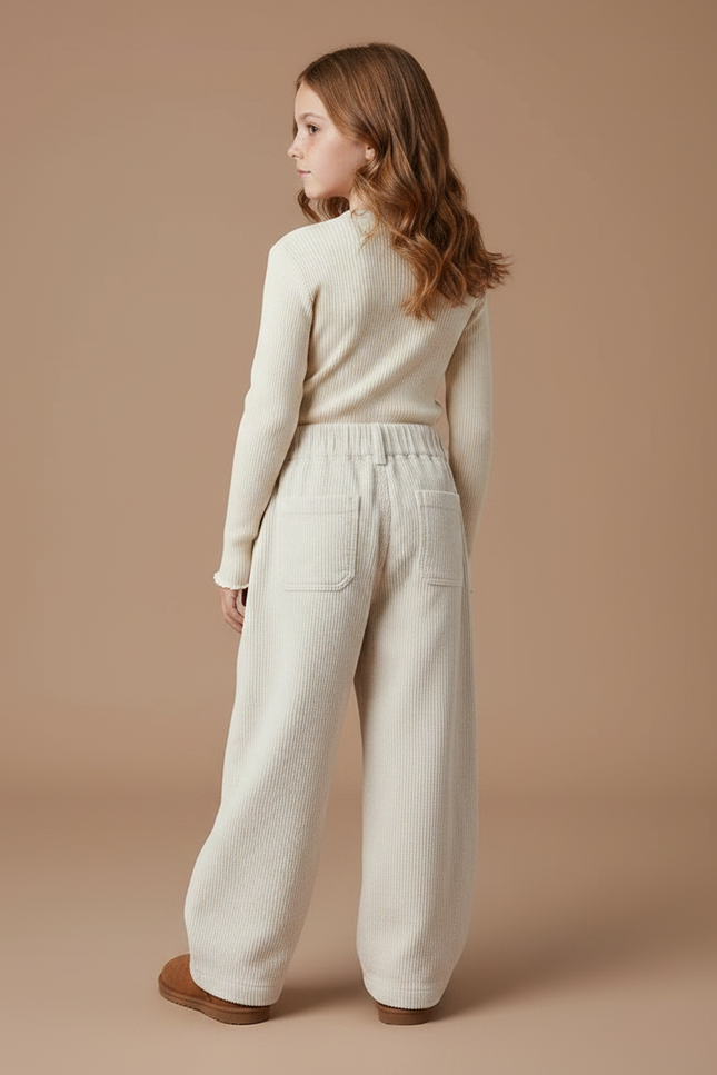 Pantalon Velours Côtelé Écru Ample Enfant Décontracté - Beige Cordé - vue 2