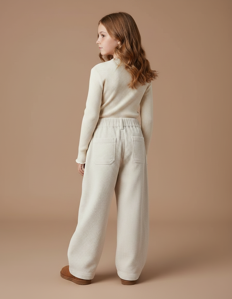 Pantalon Velours Côtelé Écru Ample Enfant Décontracté - Beige Cordé - vue 2