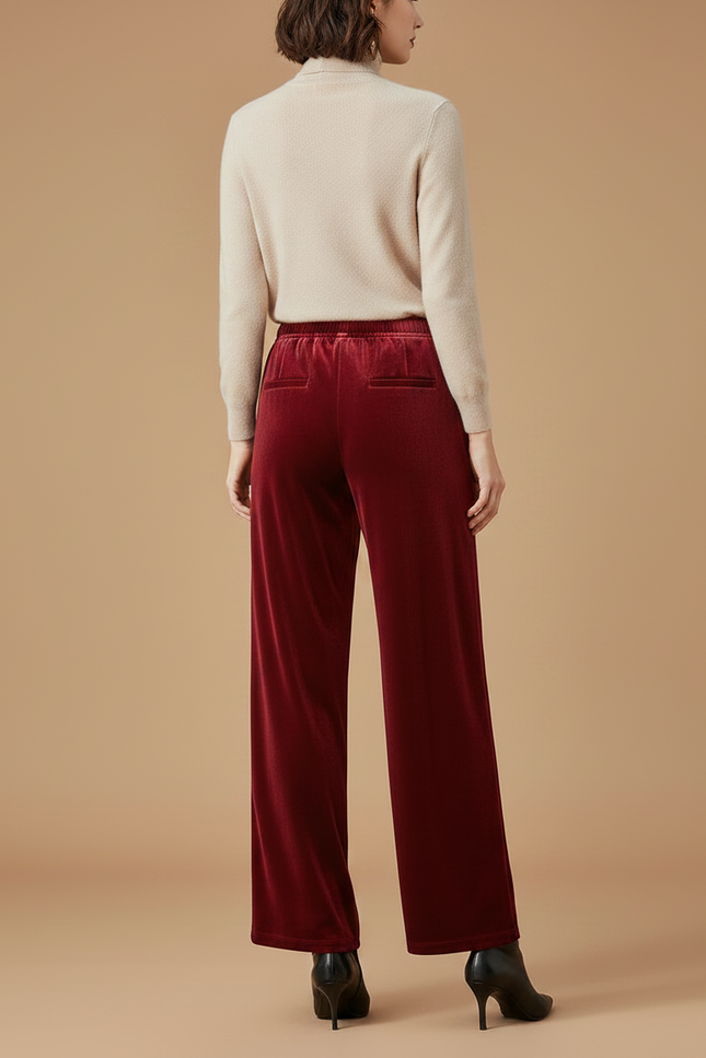 Pantalon Velours Rouge Ample Fluide Élastique Femme - Bordeaux - vue 2