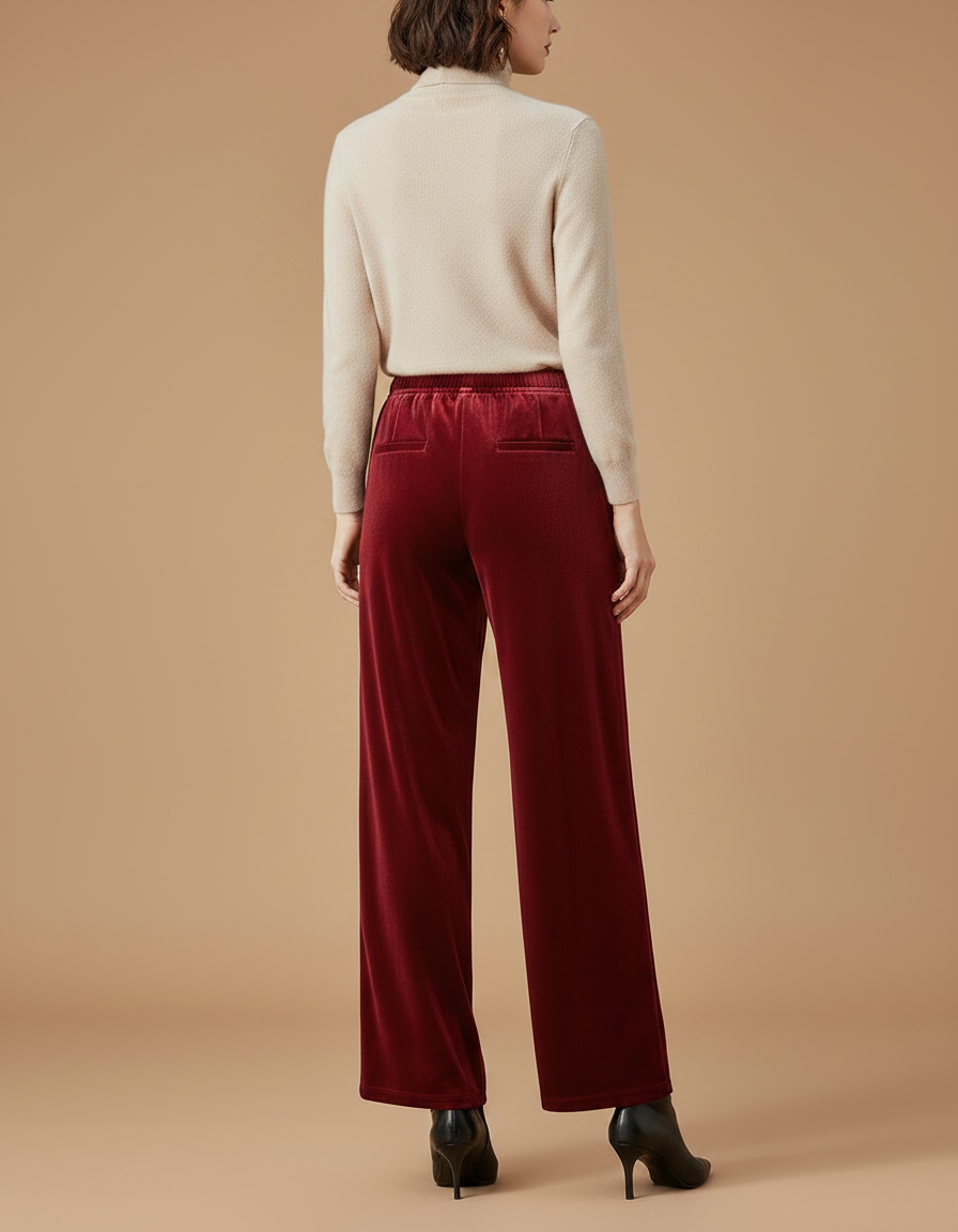 Pantalon Velours Rouge Ample Fluide Élastique Femme - Bordeaux - vue 2