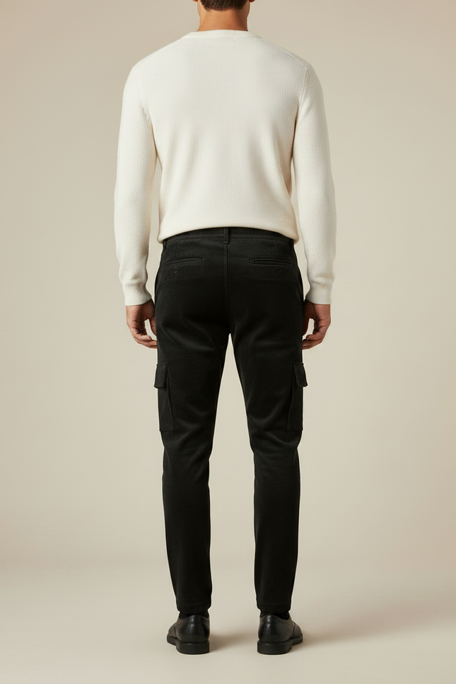 Pantalon Velours Côtelé Noir Cargo Homme Ajusté - Cordé - vue 2