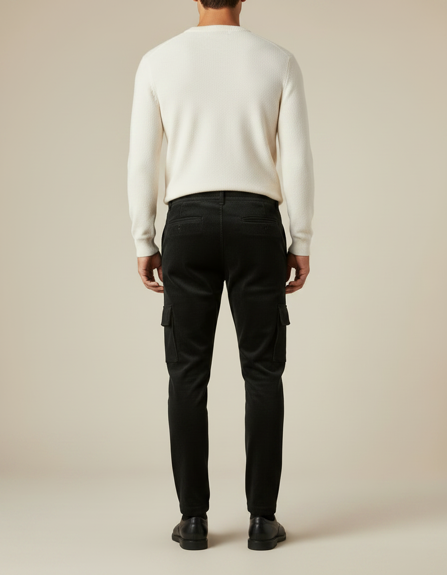 Pantalon Velours Côtelé Noir Cargo Homme Ajusté - Cordé - vue 2