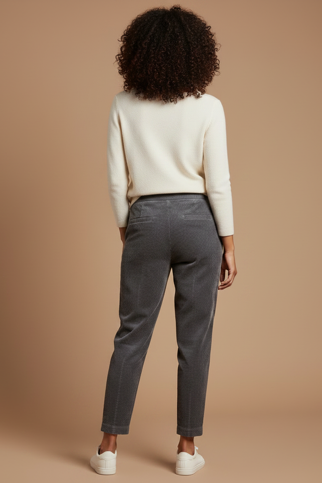 Pantalon Velours Côtelé Gris Taille Haute Décontracté Femme - Cordé - vue 2