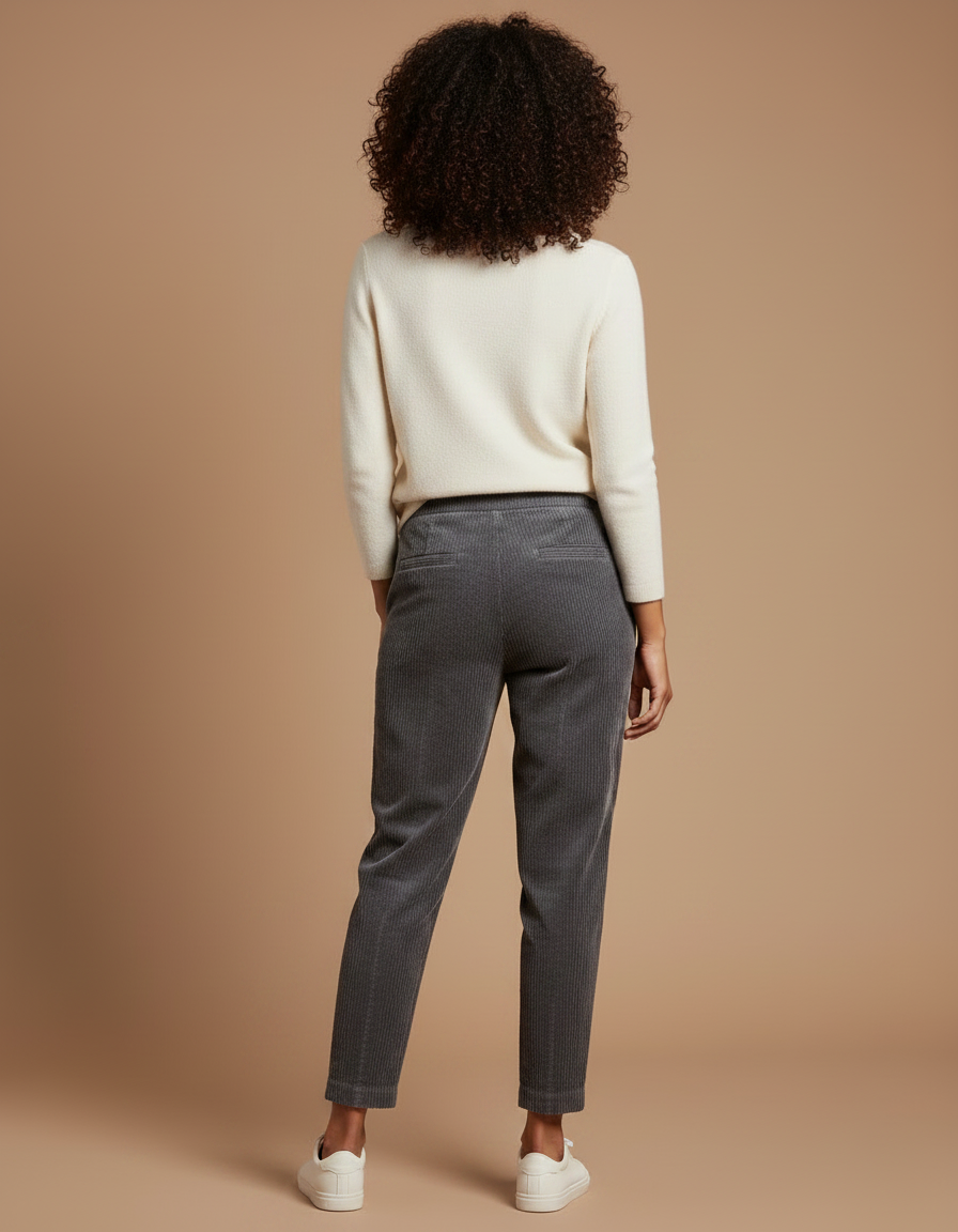 Pantalon Velours Côtelé Gris Taille Haute Décontracté Femme - Cordé - vue 2
