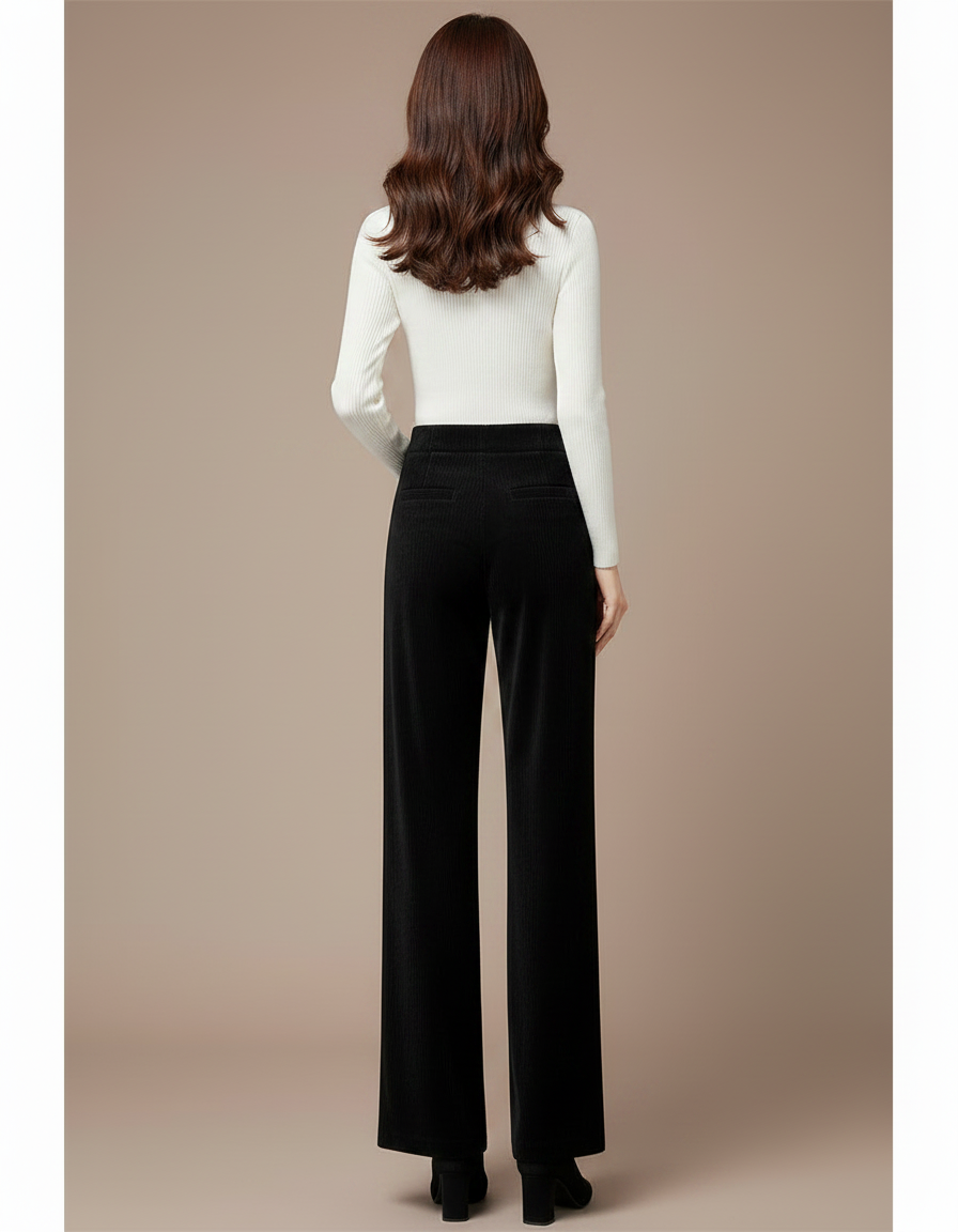 Pantalon Velours Noir Côtelé Ample Taille Haute Femme - Cordé - vue 2