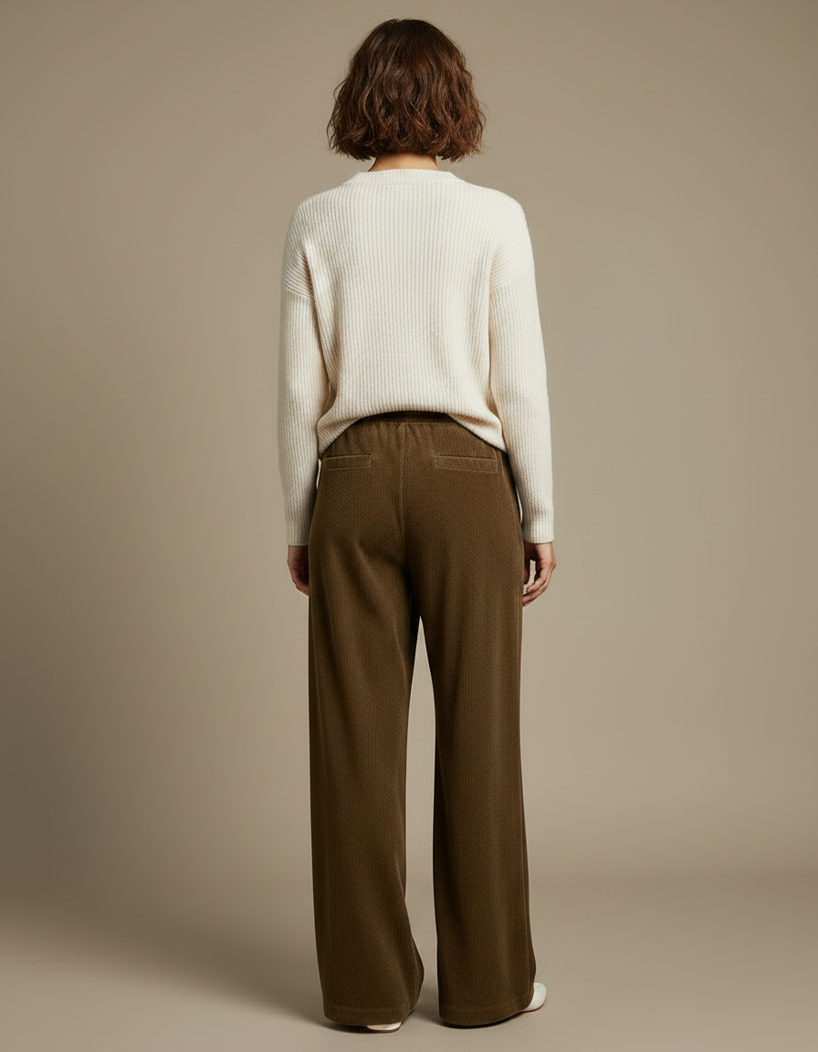 Pantalon Velours Côtelé Marron Ample Décontracté Femme - Kaki Cordé - vue 2