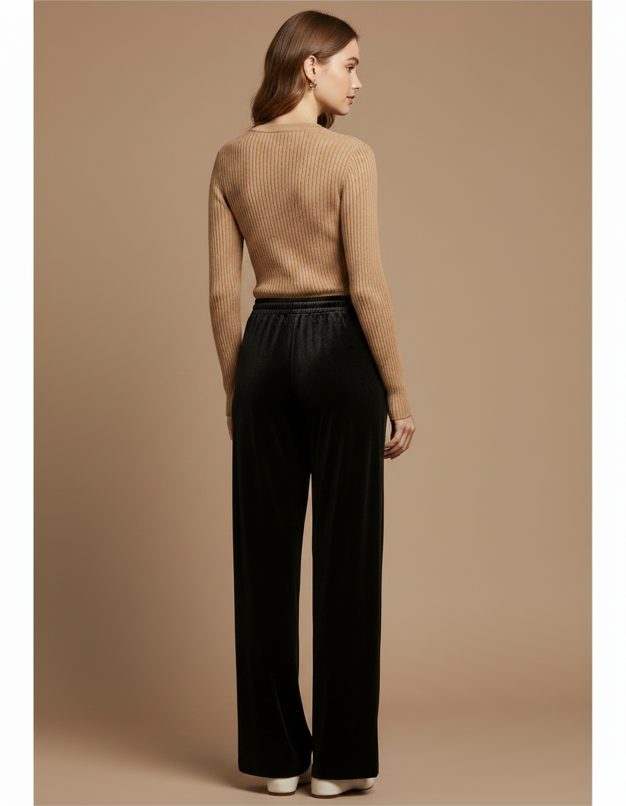 Pantalon Velours Noir Ample Droit Élégant - vue 2