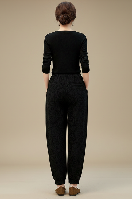 Pantalon Velours Noir Ample Motif Ethnique Confortable - vue 2