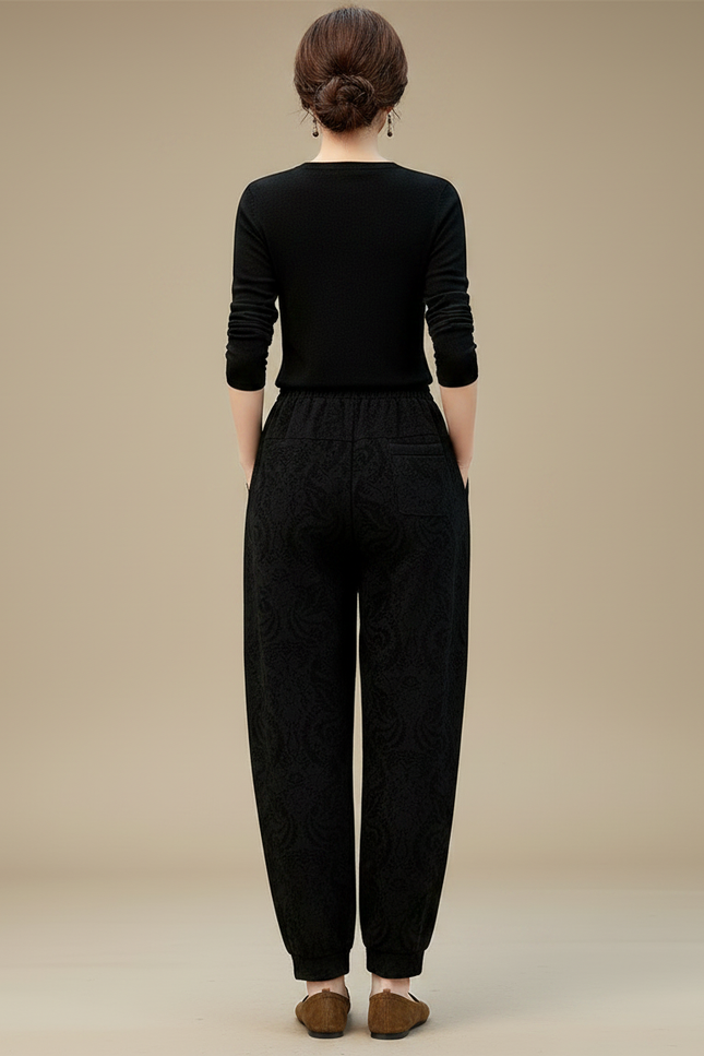 Pantalon Velours Noir Ample Motif Ethnique Confortable - vue 2