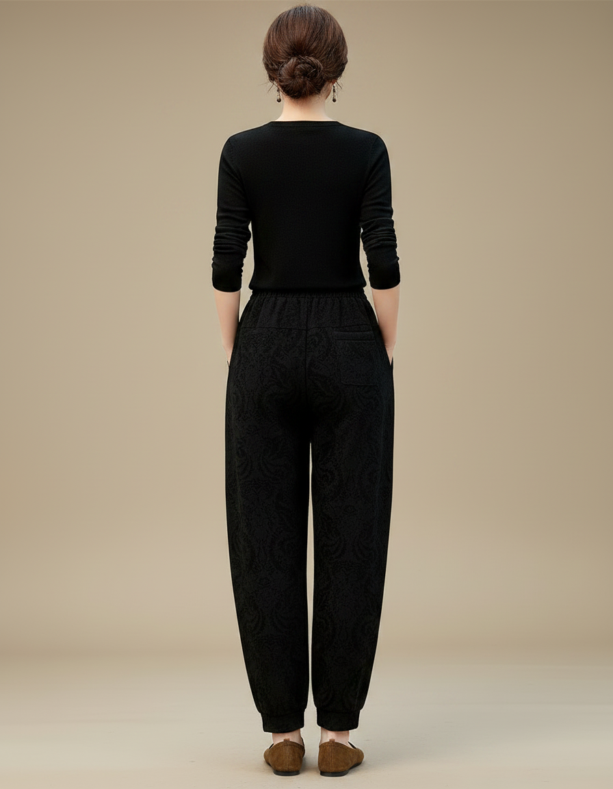 Pantalon Velours Noir Ample Motif Ethnique Confortable - vue 2