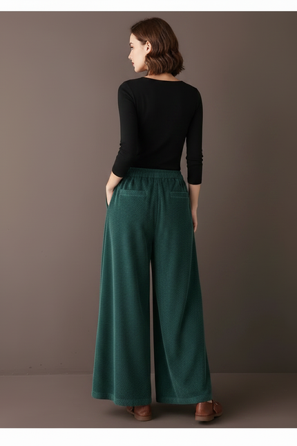 Pantalon Velours Vert Côtelé Ample Taille Haute Femme - Cordé - vue 2