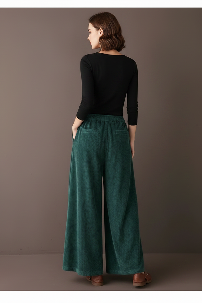 Pantalon Velours Vert Côtelé Ample Taille Haute Femme - Cordé - vue 2