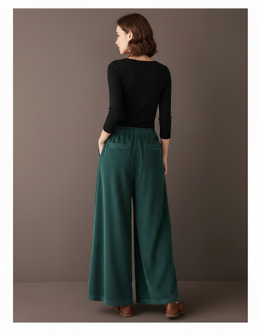 Pantalon Velours Vert Côtelé Ample Taille Haute Femme - Cordé - vue 2