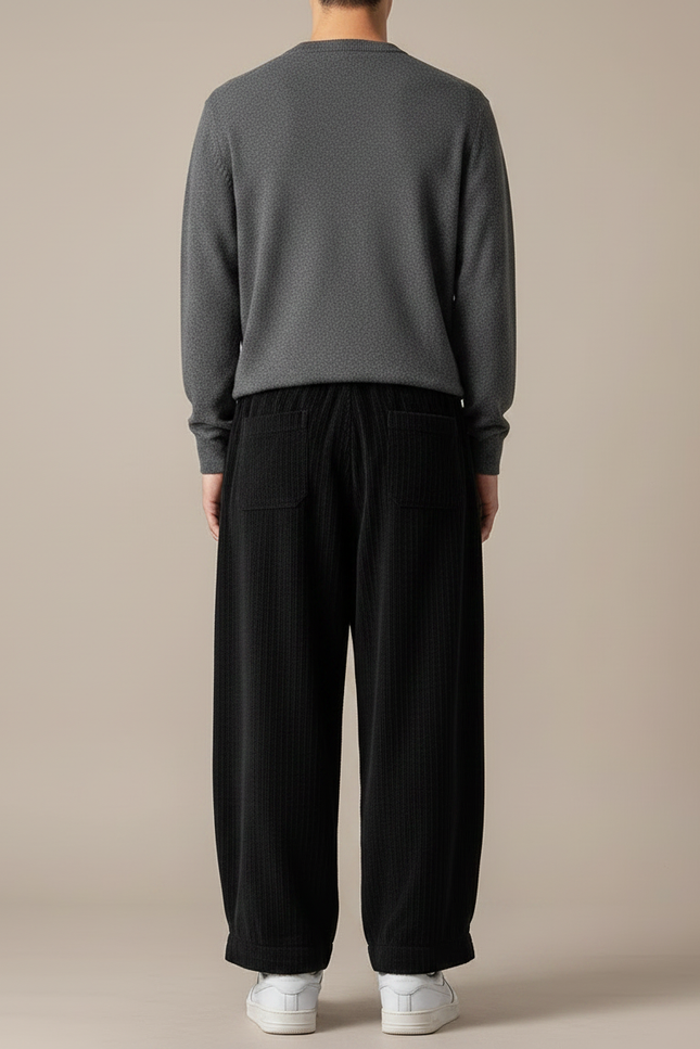 Pantalon Velours Noir Côtelé Ample Décontracté Hiver Homme - Cordé - vue 2