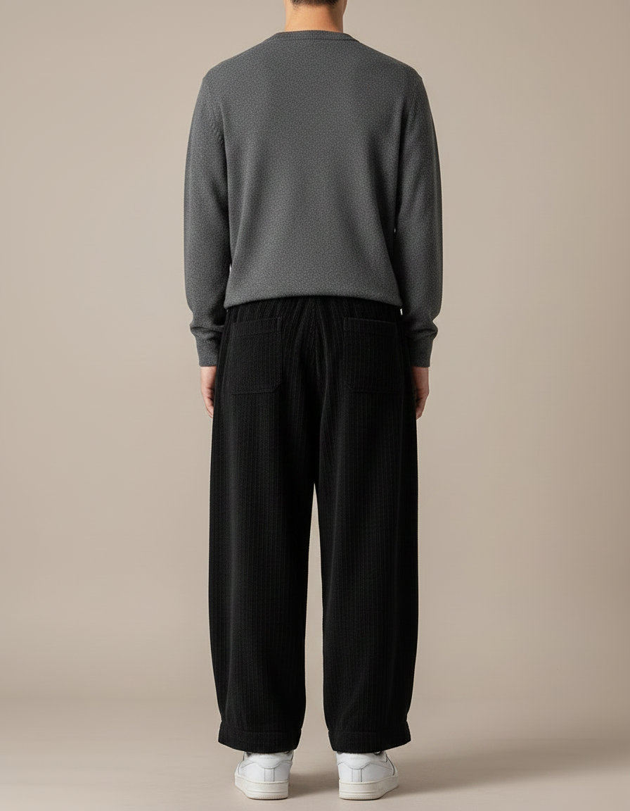 Pantalon Velours Noir Côtelé Ample Décontracté Hiver Homme - Cordé - vue 2