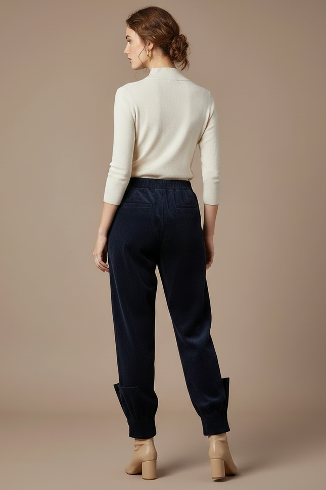 Pantalon Velours Marine Côtelé Harem Élastique Boutons - Cordé - vue 2
