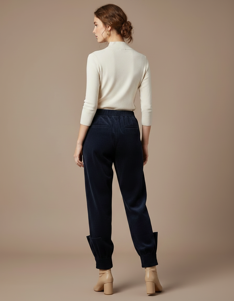 Pantalon Velours Marine Côtelé Harem Élastique Boutons - Cordé - vue 2