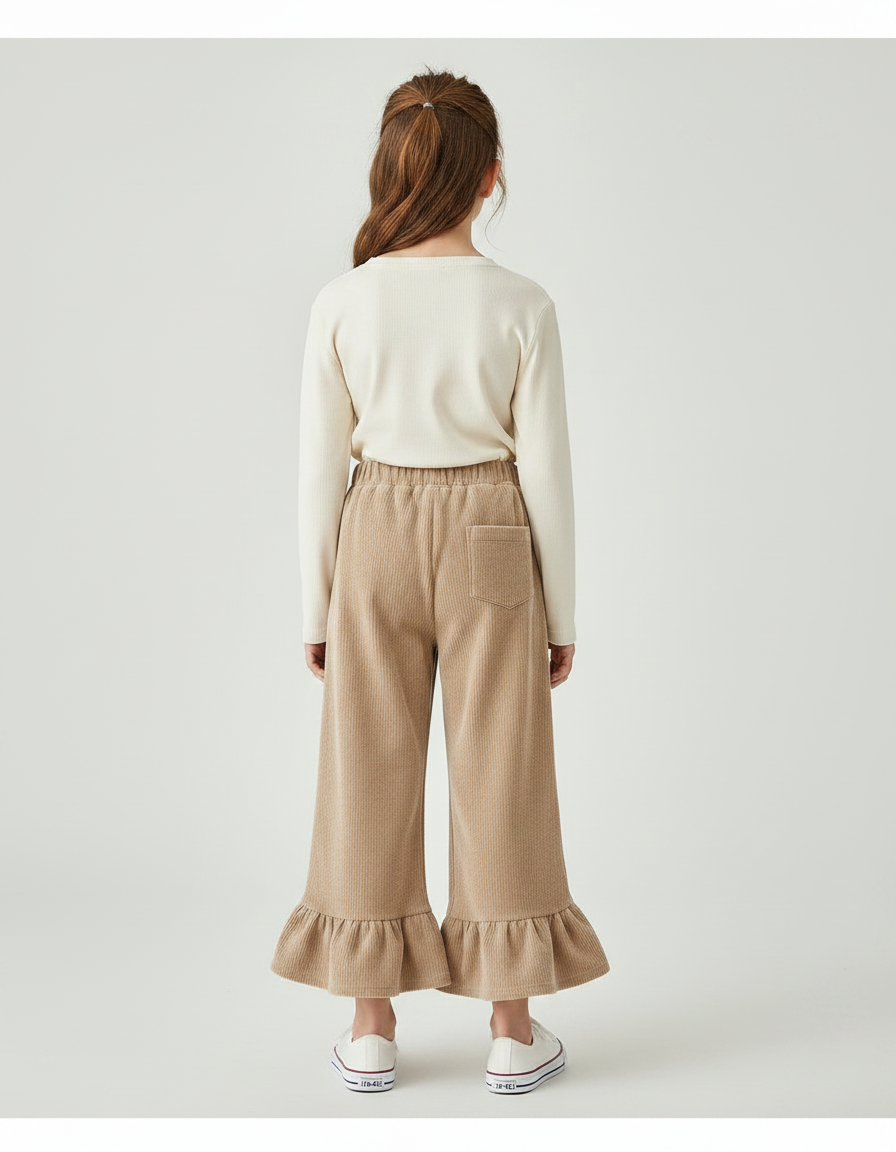 Pantalon Velours Beige Côtelé Ample Volants Fille - Cordé - vue 2