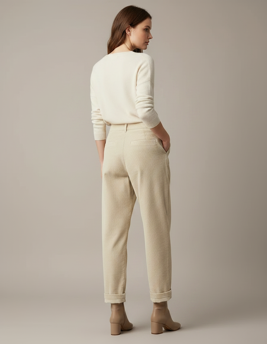 Pantalon Velours Cotele Blanc Femme - Beige Cordé - vue 2