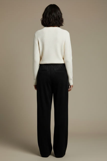 Pantalon Velours Noir Côtelé Large Taille Haute Fluide - Cordé - vue 2