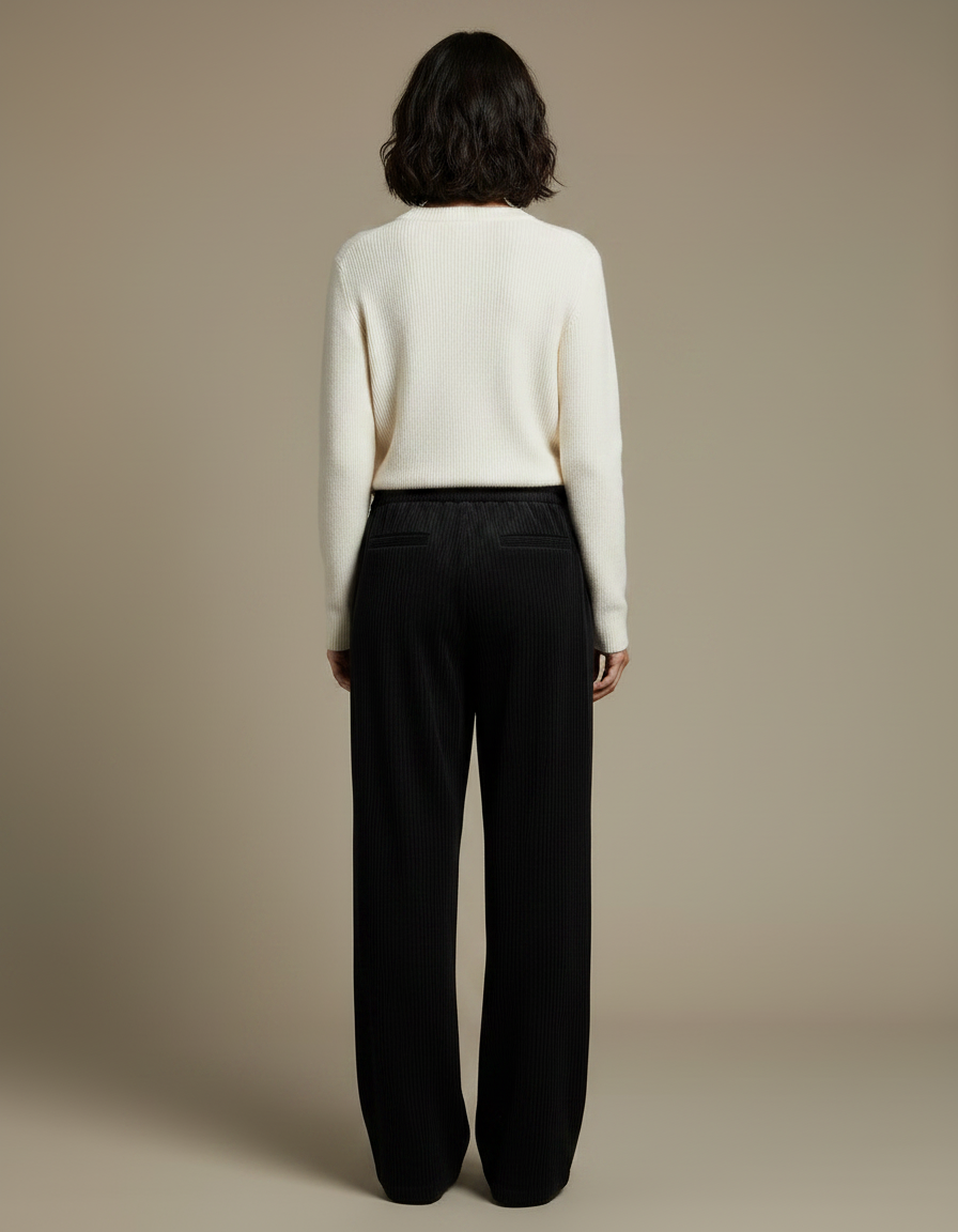 Pantalon Velours Noir Côtelé Large Taille Haute Fluide - Cordé - vue 2