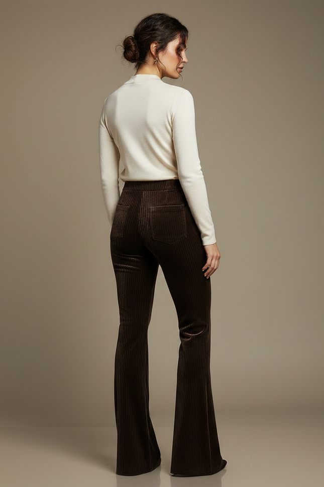 Pantalon Velours Marron Côtelé Évasé Taille Haute Élégant - Cordé - vue 2