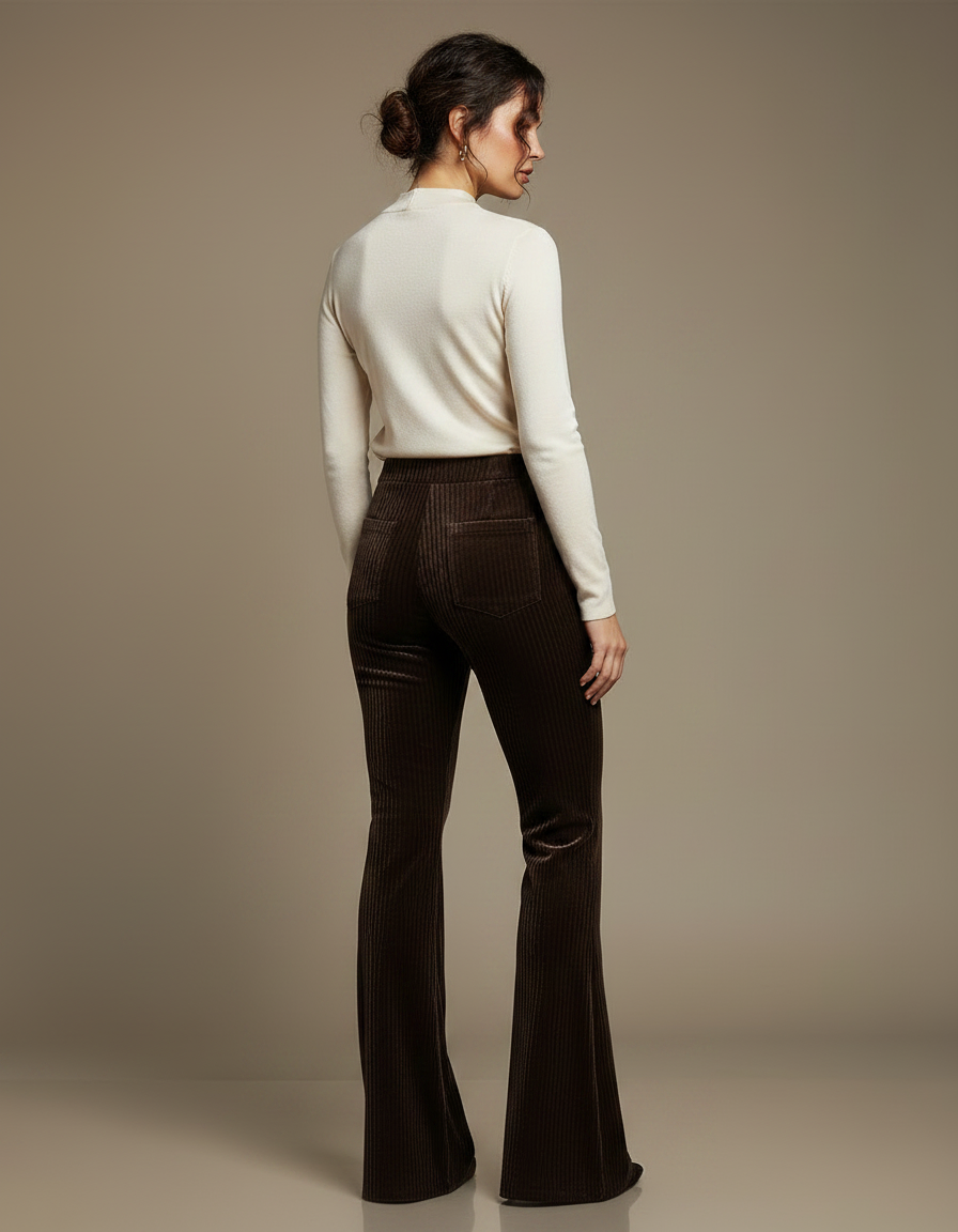 Pantalon Velours Marron Côtelé Évasé Taille Haute Élégant - Cordé - vue 2
