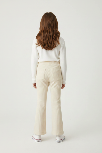 Pantalon Velours Crème Côtelé Ample Fille Confortable - Beige Cordé - vue 2