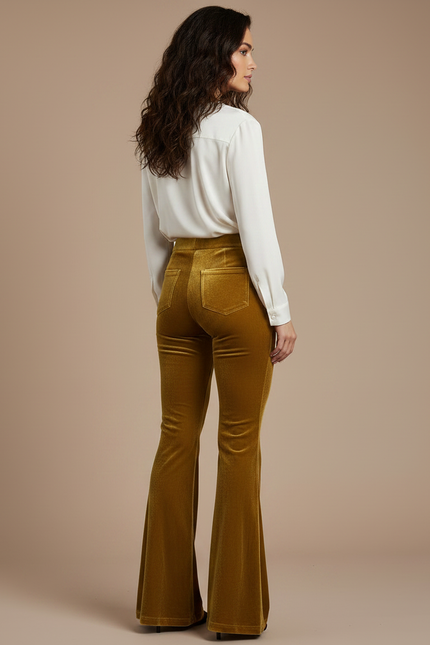 Pantalon Velours Évasé Taille Haute Jaune Moutarde Élégant - vue 2