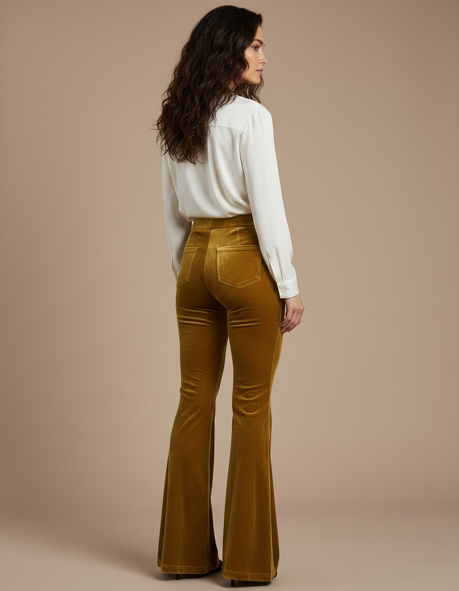 Pantalon Velours Évasé Taille Haute Jaune Moutarde Élégant - vue 2