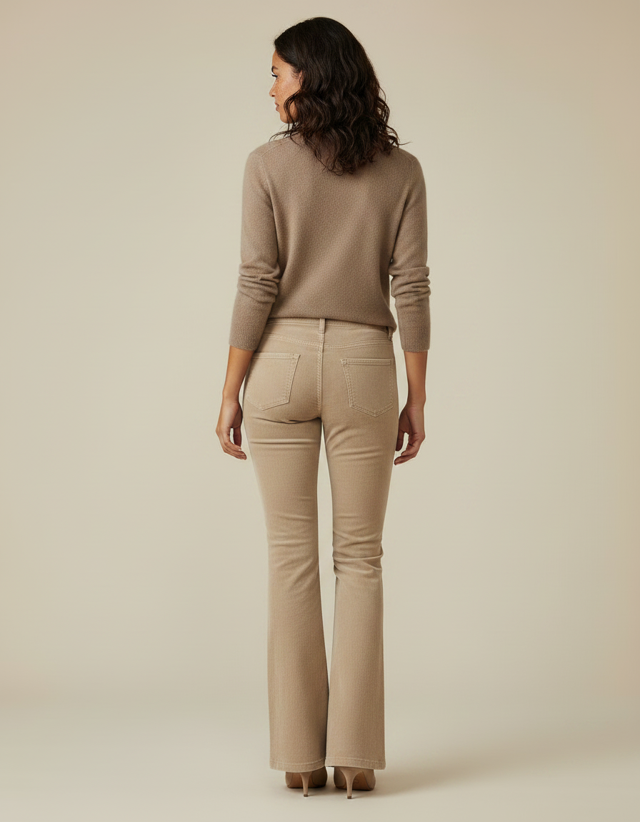 Pantalon Velours Beige Côtelé Évasé Femme Élégant - Cordé - vue 2