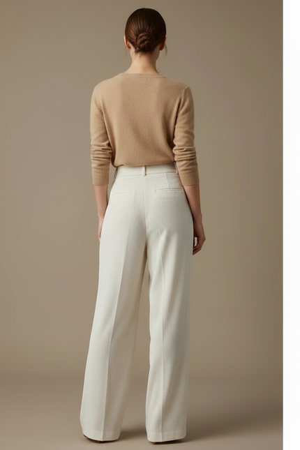 Pantalon Velours Crème Ample Taille Haute Plissé Femme - Blanc - vue 2
