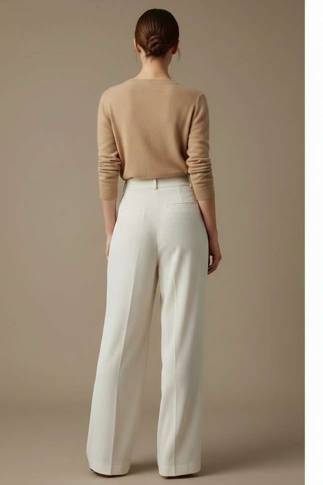 Pantalon Velours Crème Ample Taille Haute Plissé Femme - Blanc - vue 2