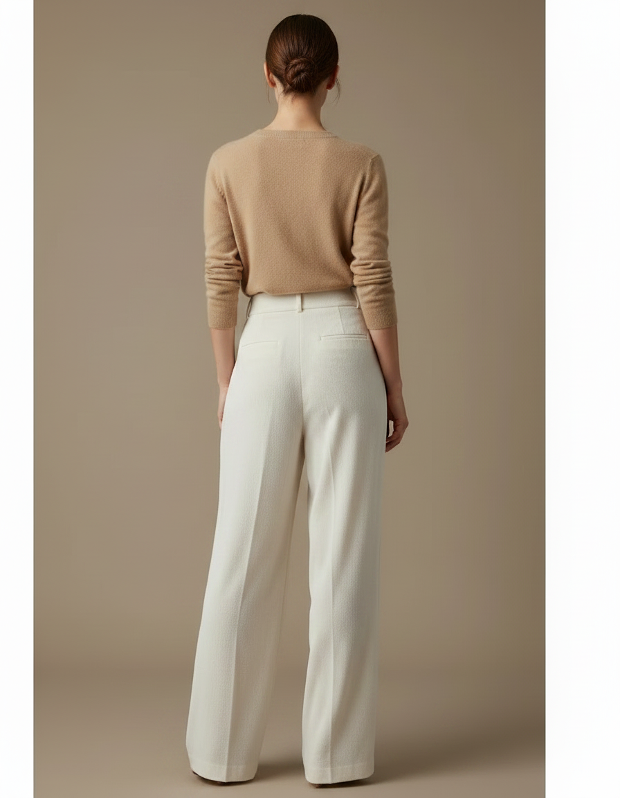 Pantalon Velours Crème Ample Taille Haute Plissé Femme - Blanc - vue 2