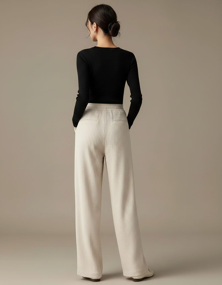 Pantalon Velours Côtelé Écru Taille Haute Large Femme - Beige Cordé - vue 2