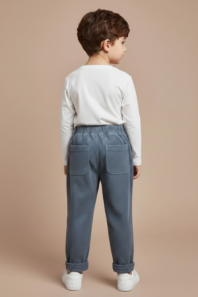 Pantalon Velours Côtelé Bleu Brodé Enfants Décontracté - Cordé - vue 2