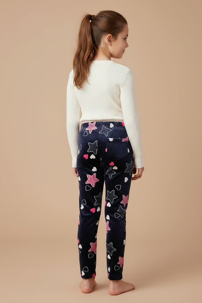 Pantalon Velours Bleu Marine Imprimé Étoiles Cœurs Fille - vue 2