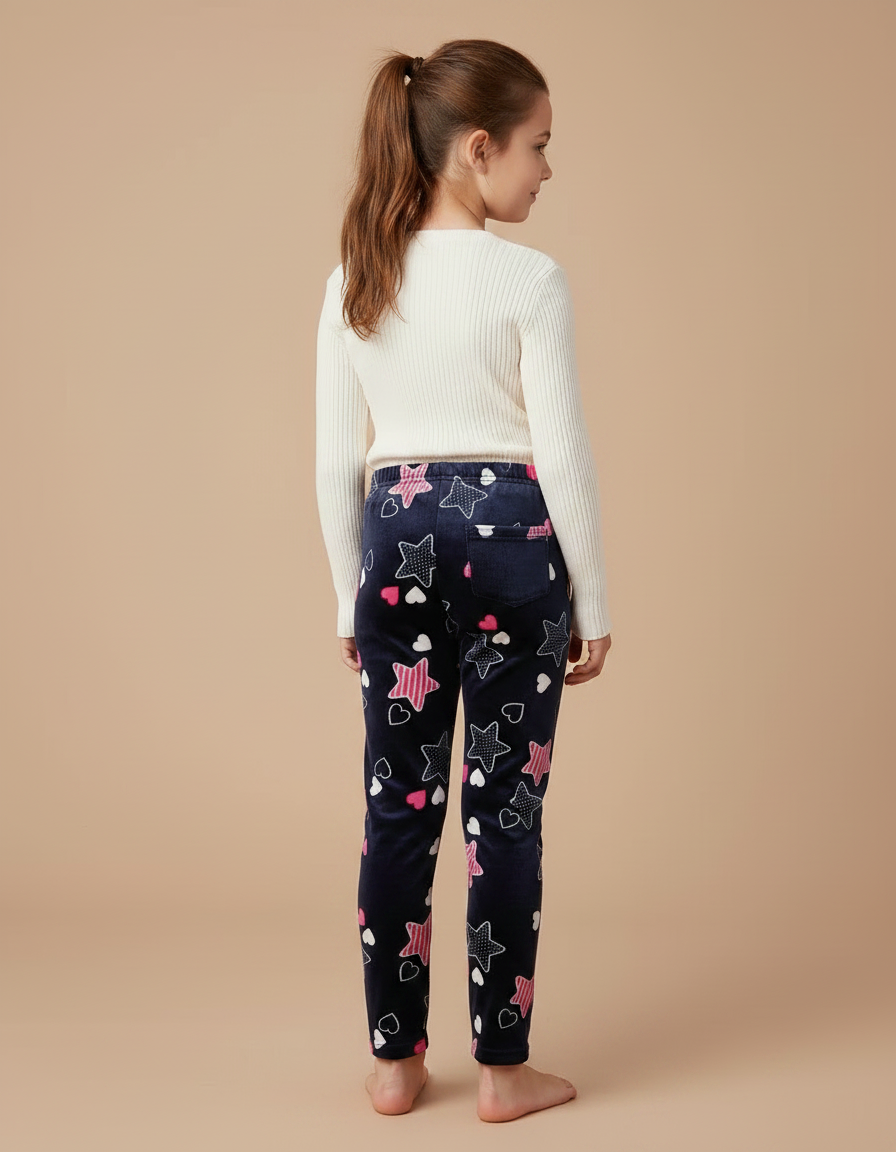 Pantalon Velours Bleu Marine Imprimé Étoiles Cœurs Fille - vue 2