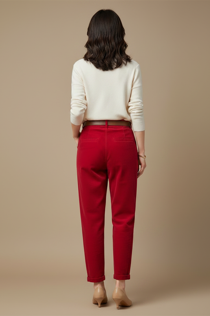 Pantalon Velours Rouge Côtelé Taille Haute Décontracté Femme - Cordé - vue 2