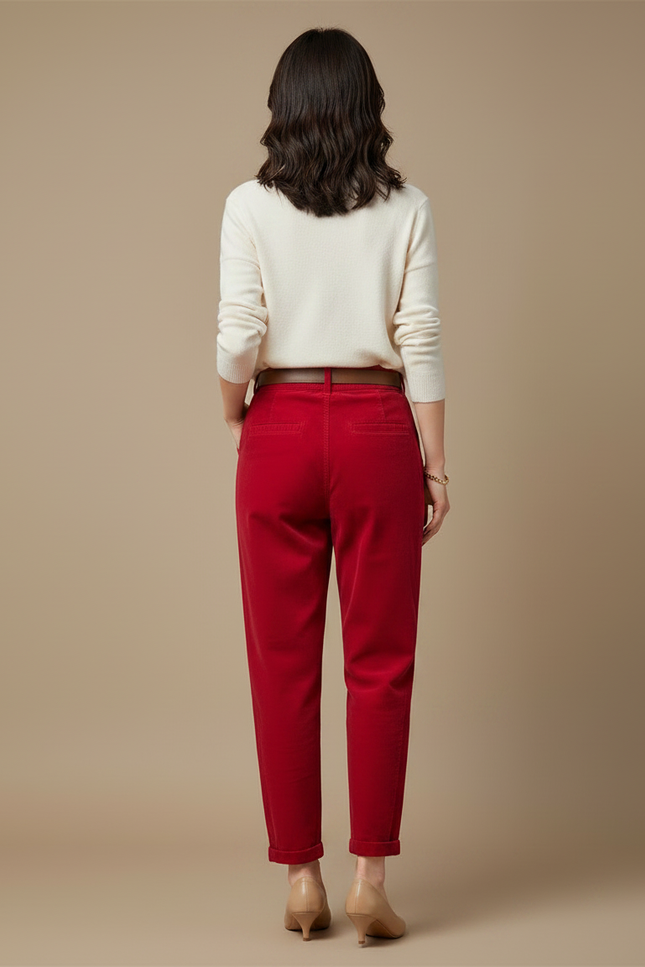 Pantalon Velours Rouge Côtelé Taille Haute Décontracté Femme - Cordé - vue 2