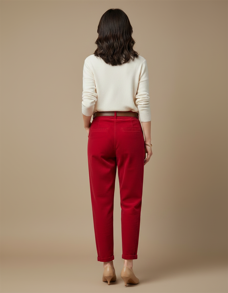 Pantalon Velours Rouge Côtelé Taille Haute Décontracté Femme - Cordé - vue 2
