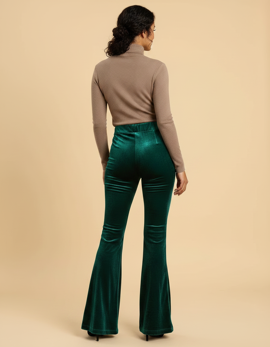 Pantalon Velours Vert Émeraude Évasé Taille Haute Élégant - vue 2