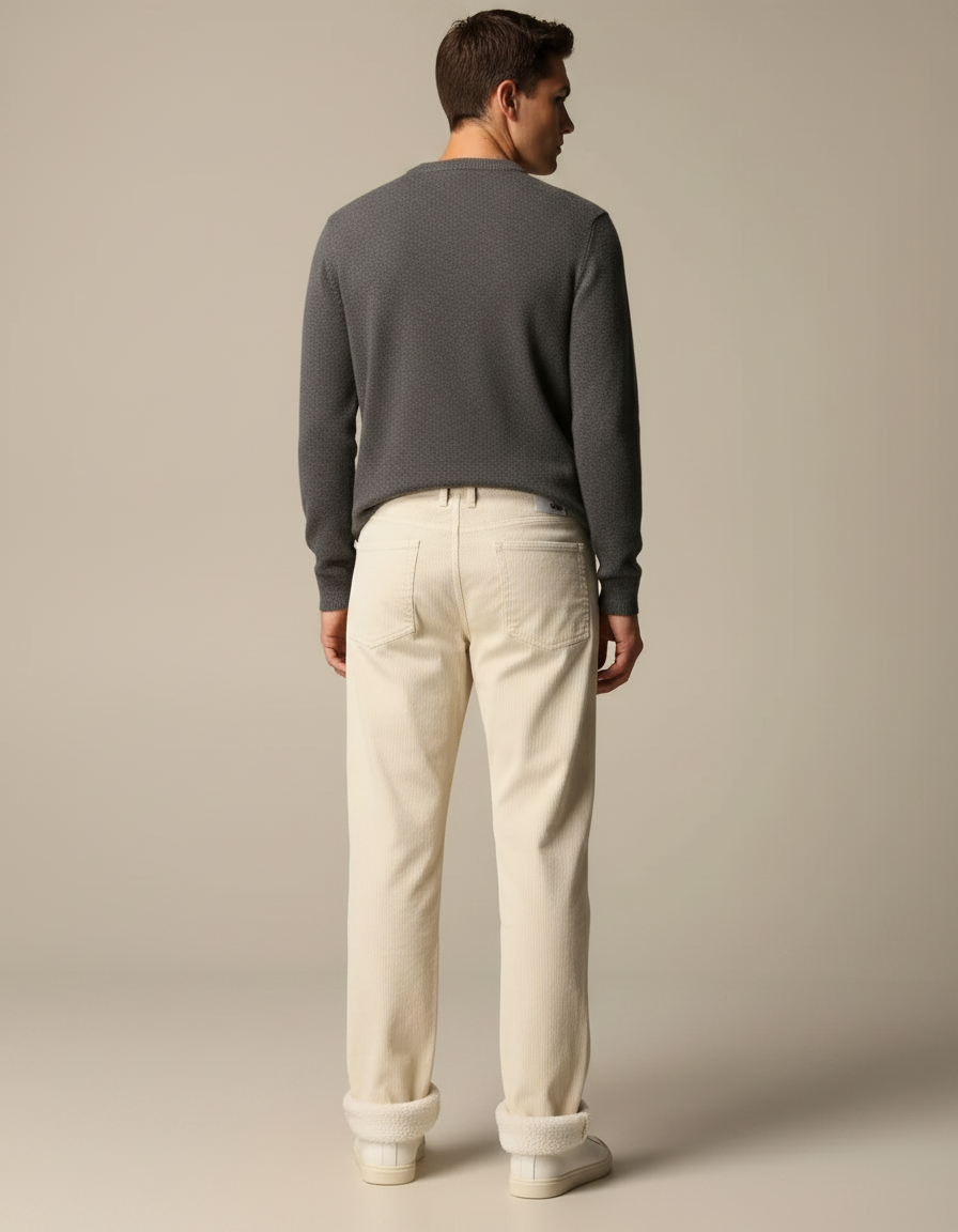 Pantalon Velours Crème Côtelé Doublé Chaud Homme - Beige - vue 2