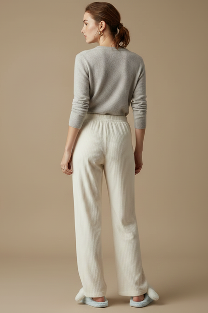 Pantalon Velours Écru Côtelé Ample Brodé Décontracté - Beige Cordé - vue 2
