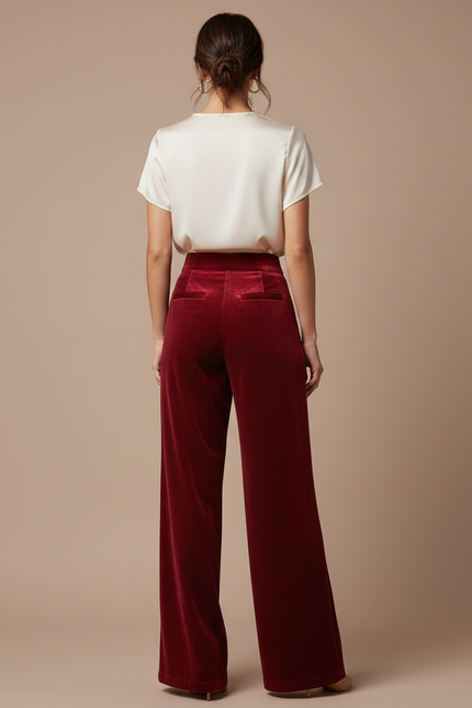 Pantalon Velours Rouge Ample Taille Haute Élégant - Bordeaux - vue 2