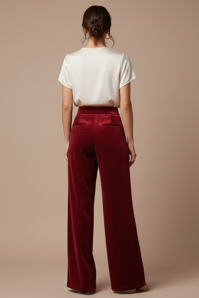 Pantalon Velours Rouge Ample Taille Haute Élégant - Bordeaux - vue 2