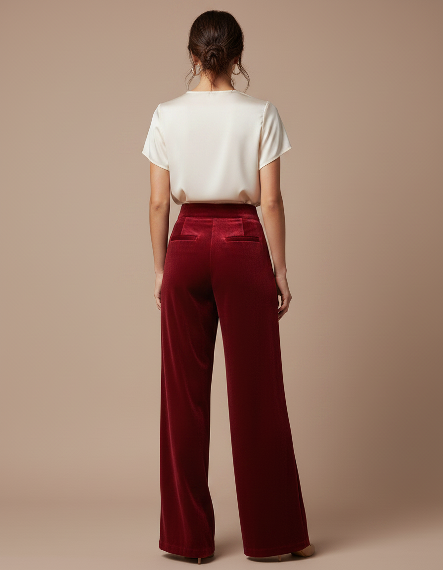 Pantalon Velours Rouge Ample Taille Haute Élégant - Bordeaux - vue 2