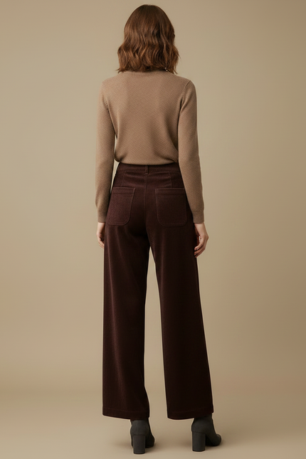 Pantalon Velours Côtelé Marron Large Taille Haute - vue 2
